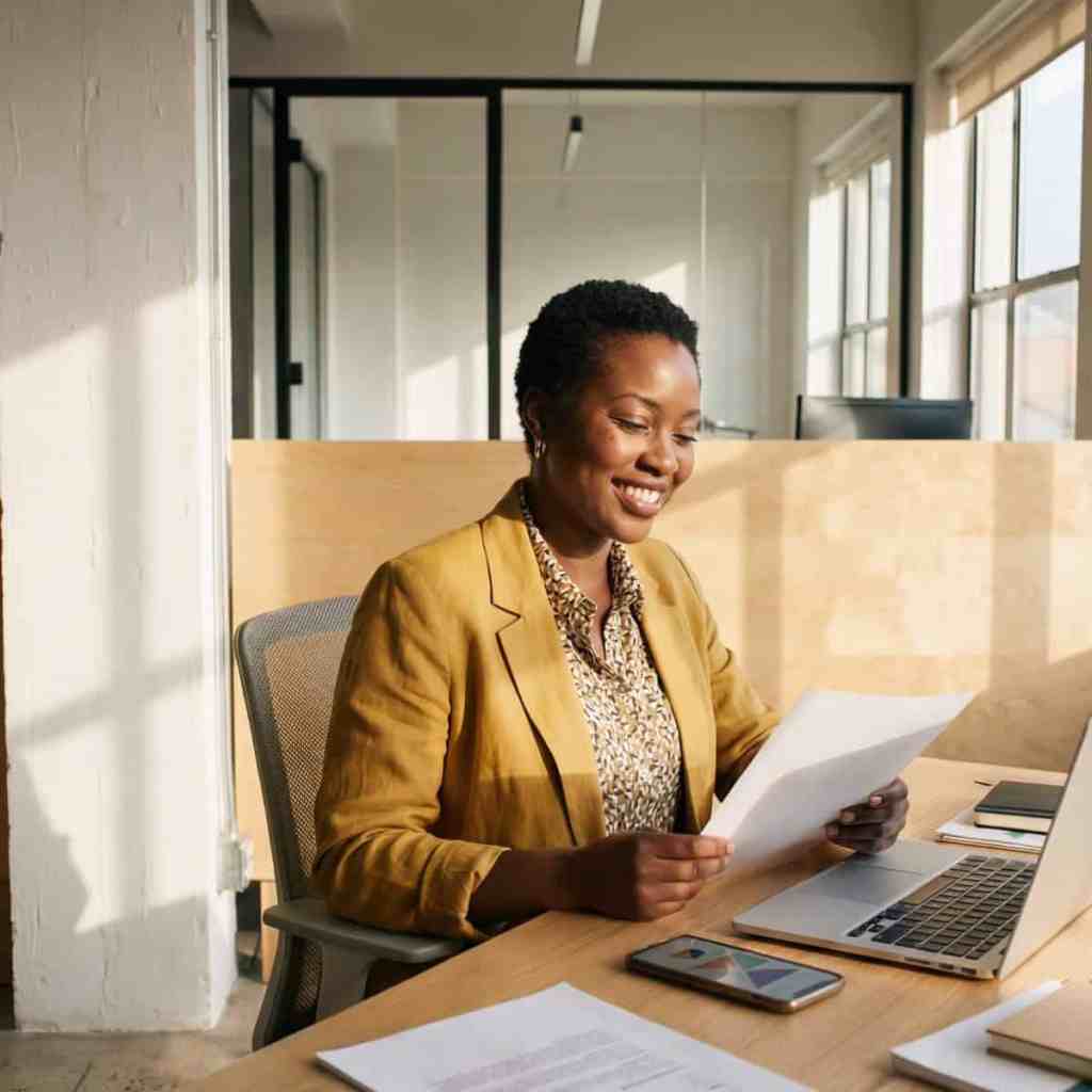 Insurance agent reviewing onboarding documents and policy information at desk