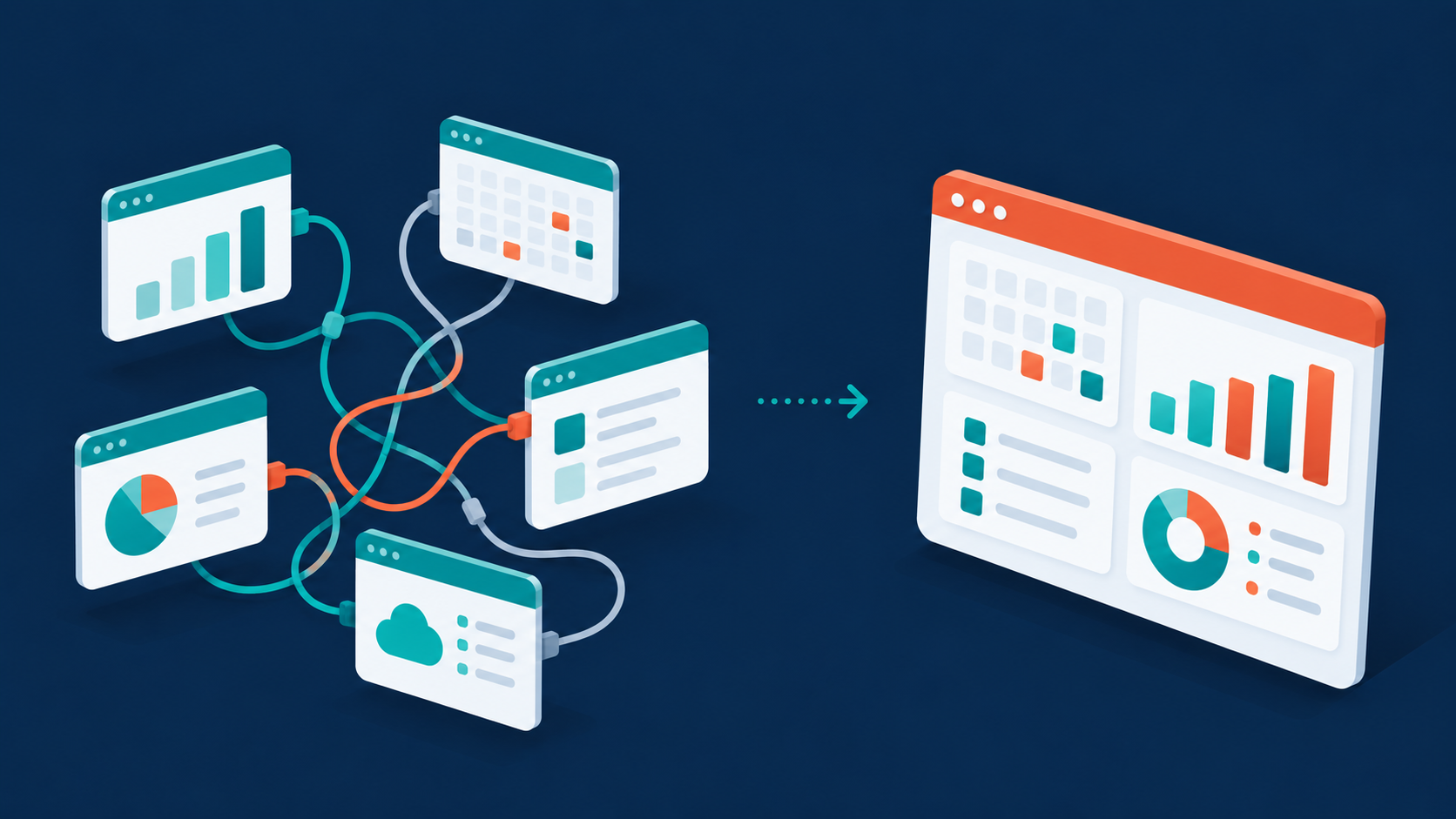 Illustration of five separate tools merging into one platform