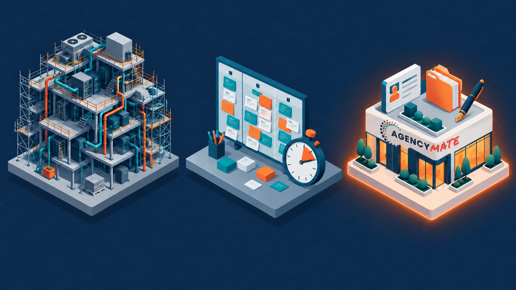 Isometric illustration comparing complex insurance agency systems, project management workflows, and a streamlined AgencyMate platform.
