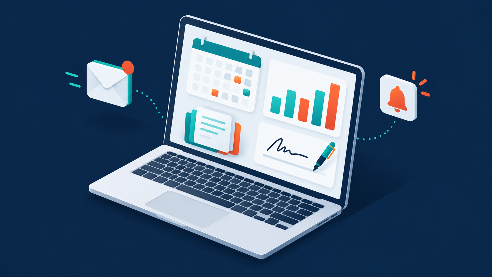 Illustration of a dashboard with renewal calendar, reports, documents and alerts